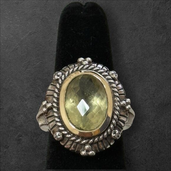 Designer 14k & Sterling Green Citrine Faceted Size 7 Ring - Picture 2 of 6